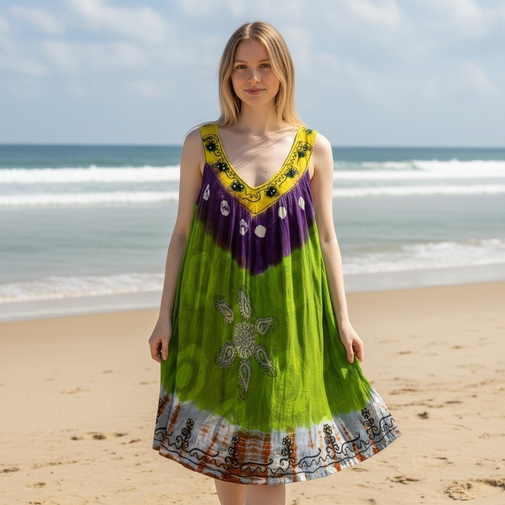 Just Cruising Women's Tie-Dye Rayon Mini Dress Green Purple Yellow Embroidered